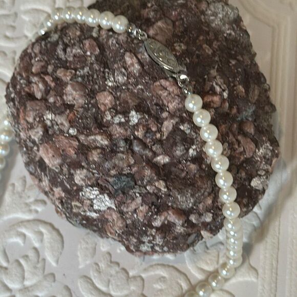 Vintage Art Deco Glass Pearl Choker Necklace With Faceted Clear Crystals 15” - Picture 8 of 15